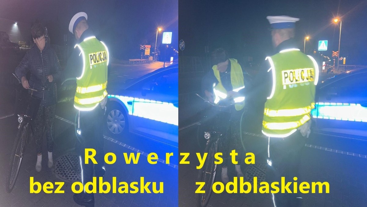 Zdjęcie podzielone na dwie części. Po lewej stronie policjant stoi obok rowerzysty, który nie ma założonej kamizelki odblaskowej, a po prawej stronie zdjęcie z rowerzystą, który ma założóną kamizelkę. U dołu napis: Rowerzysta bez kamizelki odblaskowej i z kamizelką odblaskową.