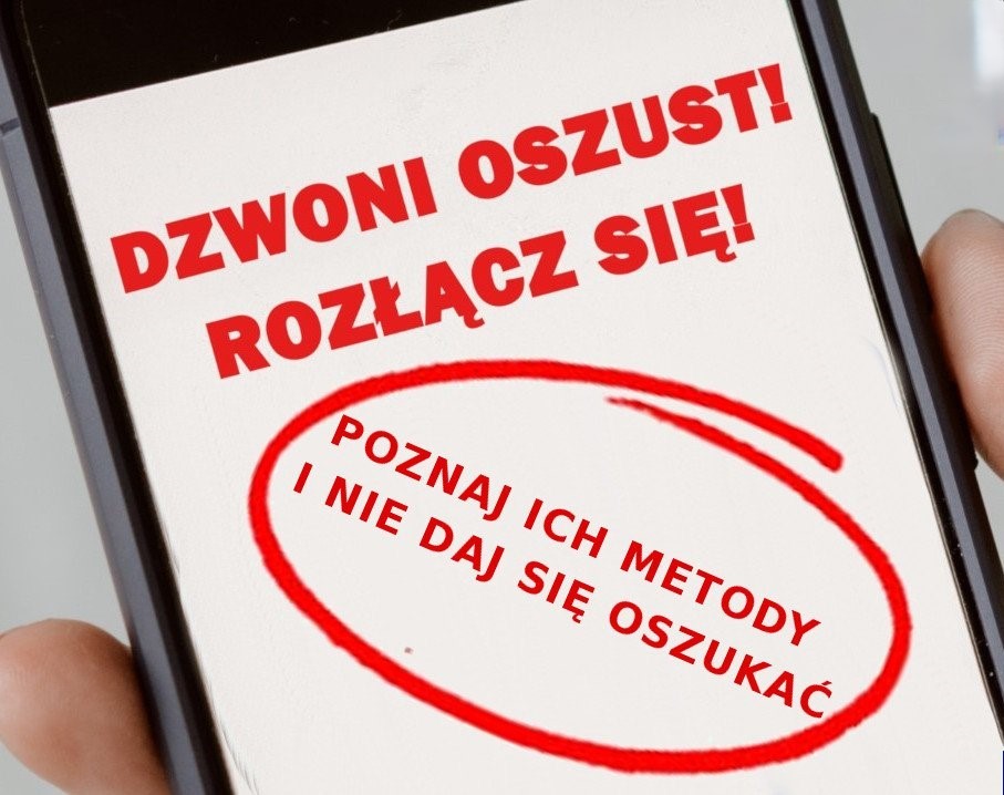 Zdjęcie ekranu telefonu na którym wyświetla się napis: Dzwoni oszust! Rozłącz się. Poznaj ich metody i nie daj się oszukać.