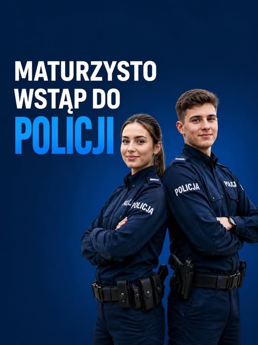 Policjantka i policjant pozują do zdjęcia, opierają się o siebie plecami, obok napis: maturzysto wstąp do Policji.