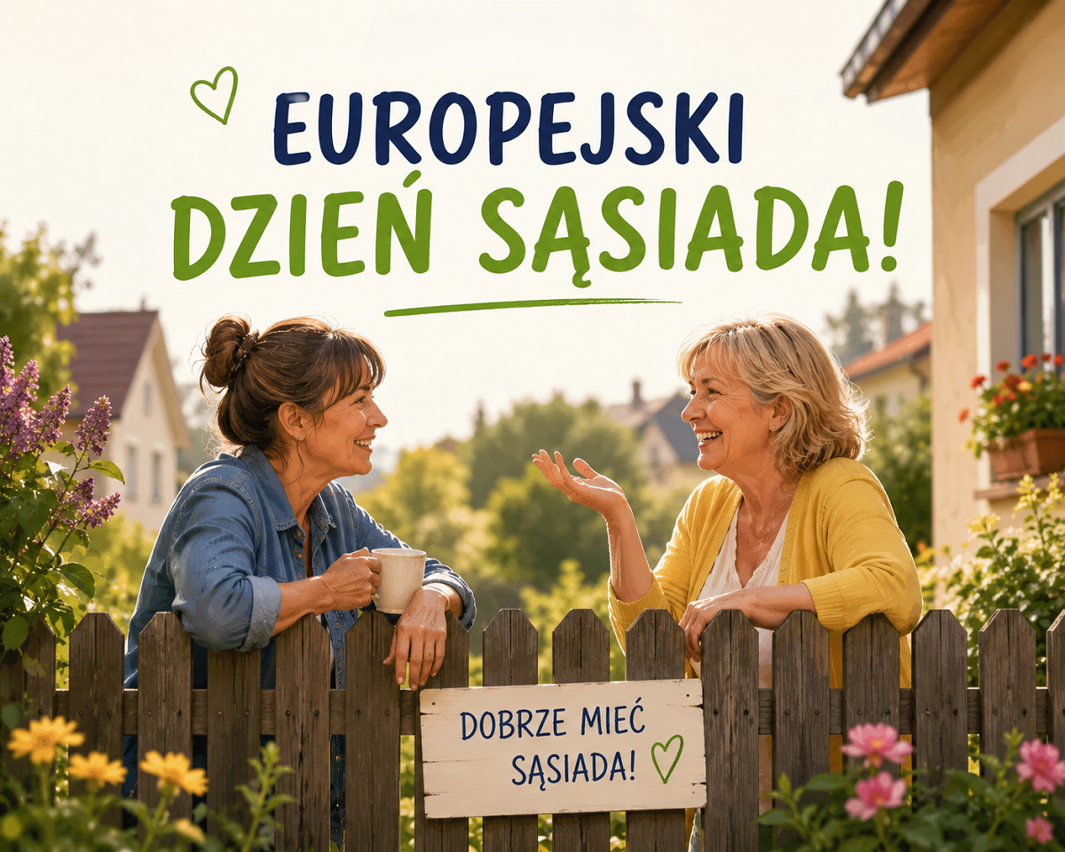 Przy płocie stoją dwie kobiety, rozmawiają ze sobą, śmieją się do siebie. U góry napis: Europejski Dzień Sąsiada.