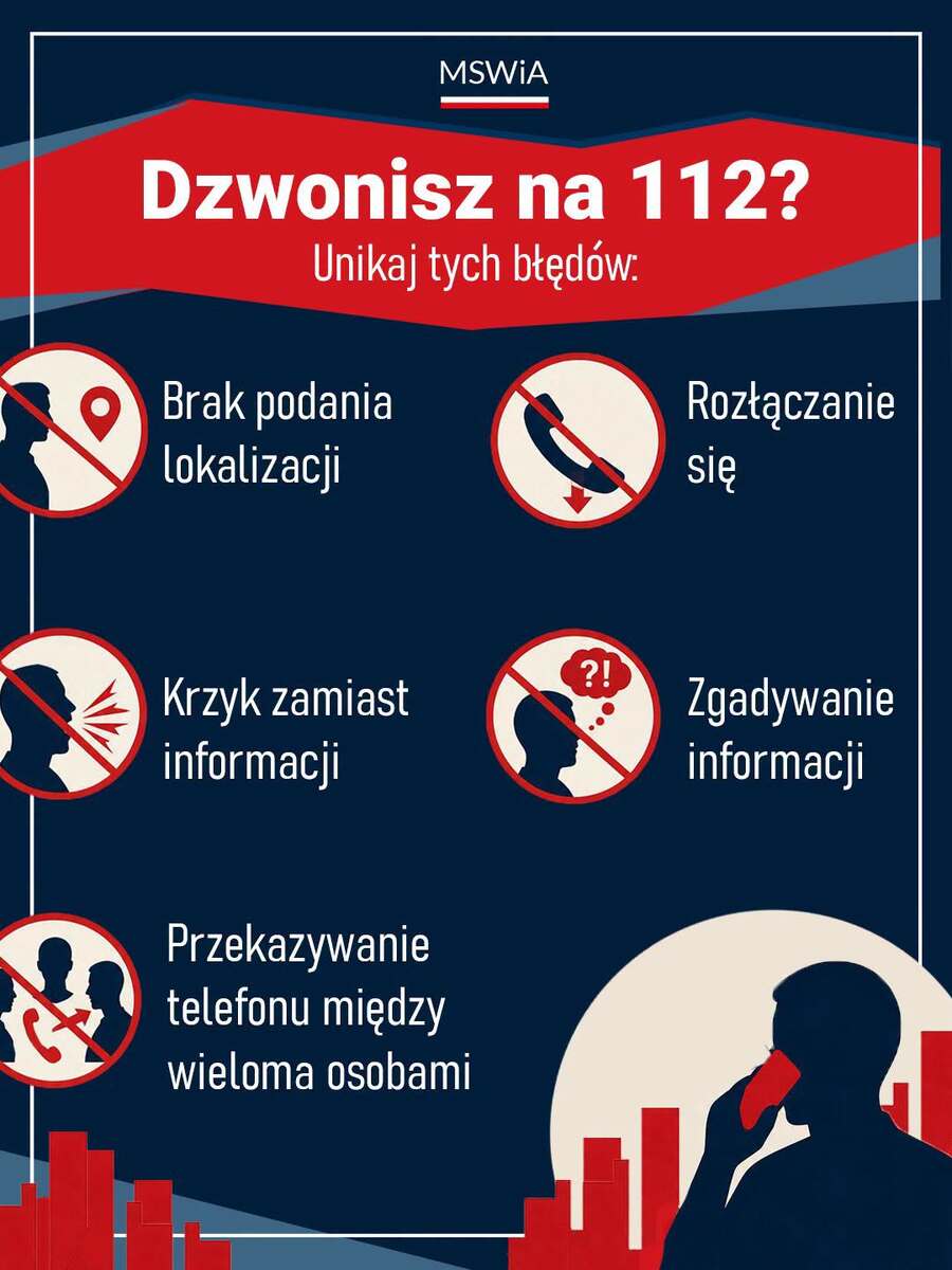 Grafika: Dzwonisz na 112? Unikaj tych błędów: brak podania lokalizacji, rozłączanie się, krzyk zamiast informacji, zgadywanie informacji, przekazywanie telefonu między wieloma osobami.,