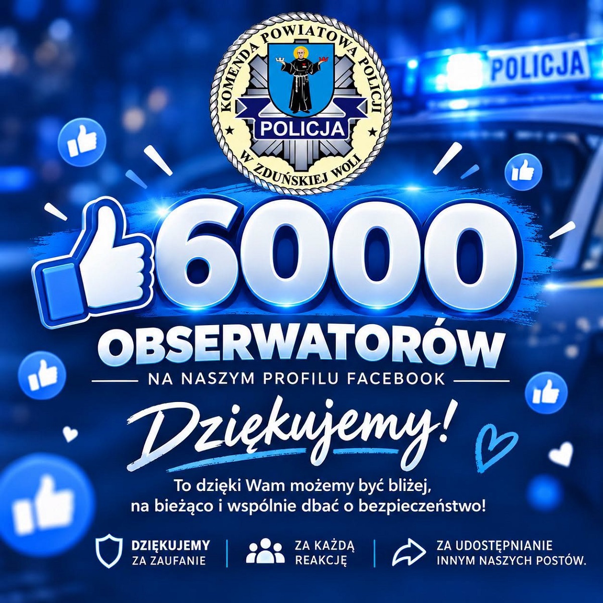 Grafika. U góry logo Komendy Powiatowej Policji w Zduńskiej Woli. Pod spodem napis: 6000 obserwatorów na naszym profilu Facebook Dziękujemy! To dzięki Wam możemy być bliżej, na bieżąco i wspólnie dbać o bezpieczeństwo! Dziękujemy za zaufanie, za każda reakcję, za udostępnianie innym naszych postów. W tle radiowóz z napisem Policja. Wokół napisów lajki i serduszka.