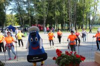 grupa biorąca udział w spacerze nordic walking podczas rozgrzewki