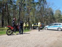 Na drodze w lesie w poprzek drogi zaparkowany stoi oznakowany radiowóz i samochód Straży Leśnej. Policjantka ubrana w granatowy mundur kontroluje motocyklistę.
