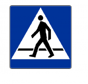 Znak drogowy w kształcie kwadratu. W środku grafika - w trójkącie jest postać człowieka przechodząca przez pasy.