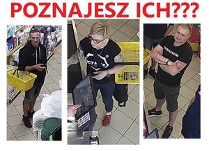 Zdjęcie trzech osób, które stoją w sklepie z koszykami i u góry napis: Poznajesz ich?