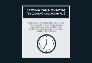 Grafika: zegar i napis: Jedyna taka okazja! (by zostać oszukanym...). Wezwanie do szybkiego działania to częsty element działania cyberzbójów.