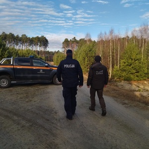 Odwróceni tyłem policjant i strażnik leśny, idą w stronę samochodu. Wokół jest teren leśny.