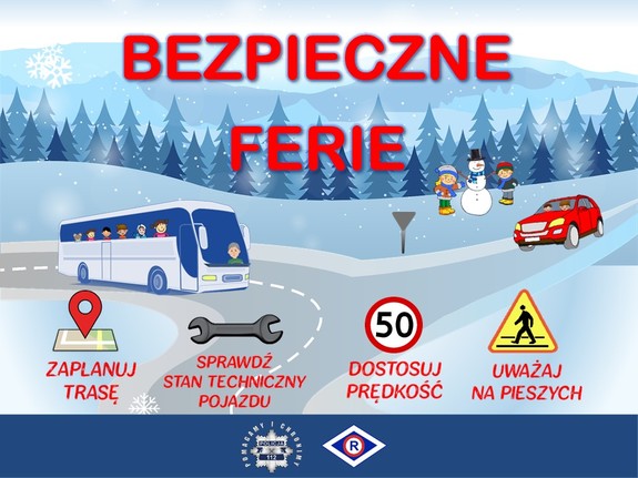 Grafika. Napis: Bezpieczne ferie. Zaplanuj trasę, sprawdź stan techniczny pojazdu, dostosuj prędkość, uważaj na pieszych. Jest rysunek gór, autobusu, znaku drogowego, i dzieci lepiących bałwana.