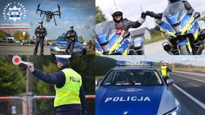 Zdjęcie składa się z czterech małych zdjęć. Na każdym z nich widać policjanta podczas pracy: gdy kieruje ruchem, gdy kontroluje prędkość kierowców na drodze, dwóch policjantów na motocyklach służbowych oraz dwaj policjanci operujący drona.