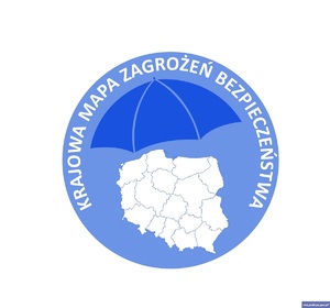 Logo Krajowej Mapy Zagrożeń Bezpieczeństwa w niebieskim kole, pośrodku którego jest kontur Polski.
