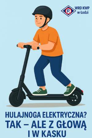 Grafika przedstawiająca chłopca w kasku poruszającego się hulajnogą elektryczną.