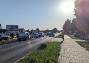 Droga, po prawej stronie stoi radiowóz i policjantka, po lewej wzdłuż ulicy stoi kilka samochodów i stoją osoby przyglądające się.
