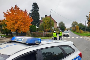Policjanci ruchu drogowego, na drodze, zawracają samochody, które chcą przejechać na teren ćwiczeń.