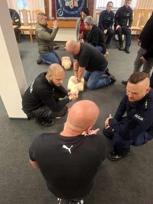 Na podłodze, obok siebie, pochylają się policjanci i cywilne osoby, ćwiczą na fantomach, przyglądają się innym ćwiczącym.