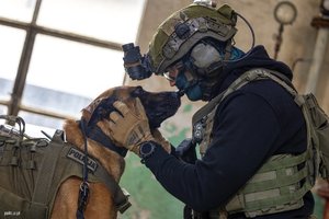 Policjant całuje psa służbowego.