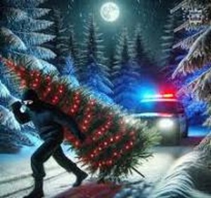 Mężczyzna niosący na plecach choinkę skradzioną z lasu, a w tle widać światła błyskowe radiowozu.