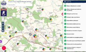 Mapa Zduńskiej Woli. Na niej zaznaczone są zagrożenia, obok legenda jakie zagrożenia można nanosić.