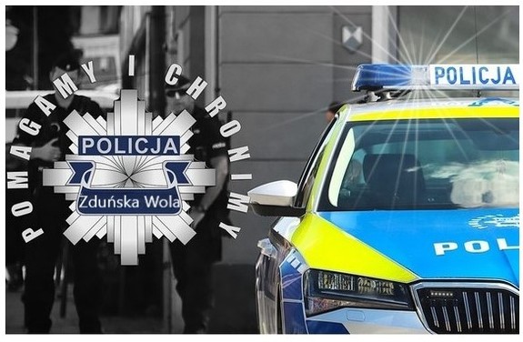 Po prawej stronie radiowóz. Po lewej stronie gwiazda policyjna z napisem Policja Zduńska Wola Pomagamy i chronimy.