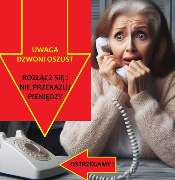 Seniorka rozmawia przez telefon, jest wystraszona. Napis: Uwaga dzwoni oszust. Rozłącz się! Nie przekazuj pieniędzy. Ostrzegamy.