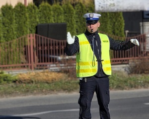 Policjant ruchu drogowego na drodze kieruje ruchem.