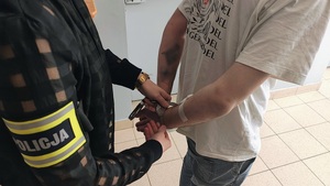 Policjant zakłada zatrzymanemu kajdanki na ręce trzymane z tyłu.