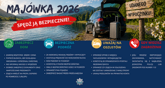 Samochód stojący na tle gór i jeziora, a na obrazku widnieją przestrogi dotyczące bezpiecznego wypoczynku.