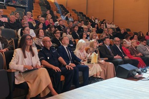 Publiczność siedzi na krzesełkach w sali kinowej.