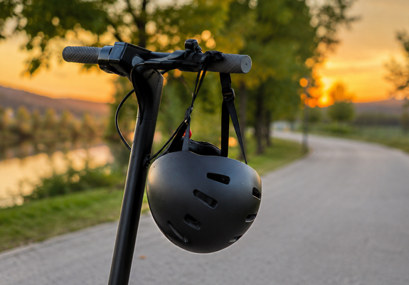 Przy drodze stoi hulajnoga, na jej kierownicy jest przewieszony kask.