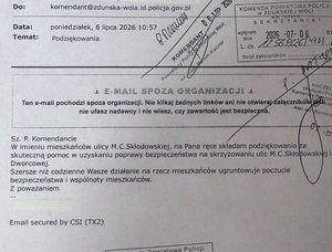 Podziękowanie mieszkańców dla Komendanta za poprawę bezpieczeństwa.