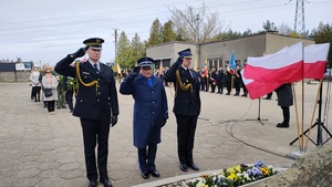 Mundurowi po złożeniu kwiatów oddają honor poległym.