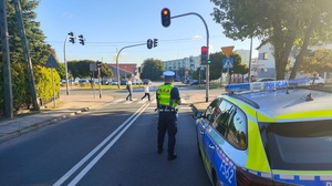 Policjant stoi obok radiowozu, patrzy na przejście dla pieszych, po którym przechodzą osoby.